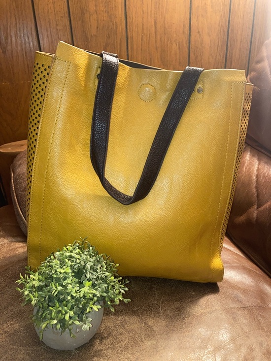 Urban Originals Handbags - Urban Originals LARGE Yellow Leather Tote Bag with dark brown Straps